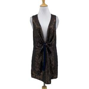 Free People Dress Women 6 Navy Gold Sequins Paris Rock Sleeveless Tie Front Mini